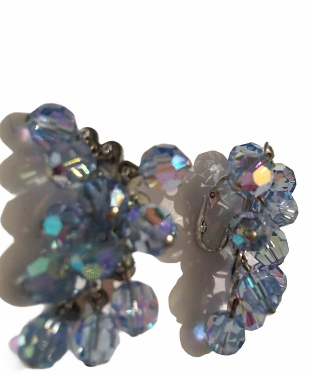 Vintage 1960s Crystal clip on dangle earrings blue