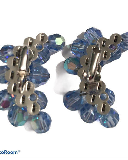 Vintage 1960s Crystal clip on dangle earrings blue