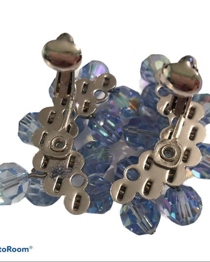 Vintage 1960s Crystal clip on dangle earrings blue