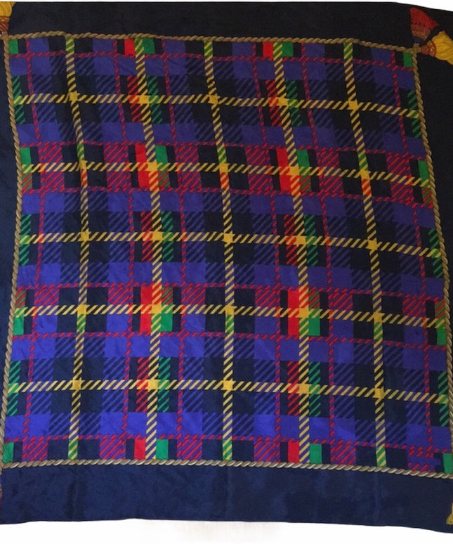 Echo silk Plaid scarf 1980s Vintage print tassel