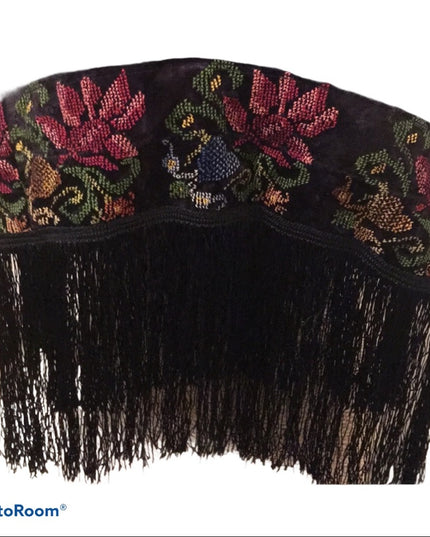 BOHO Wrap petite point velvet fringe scarf Antique