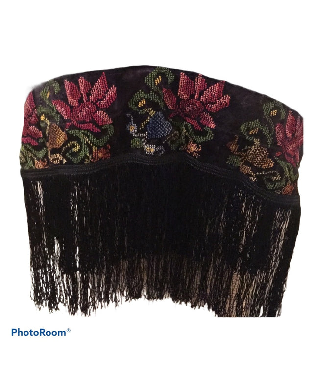 BOHO Wrap petite point velvet fringe scarf Antique