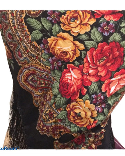 Vintage Flower wrap scarf fringe Hippie Boho