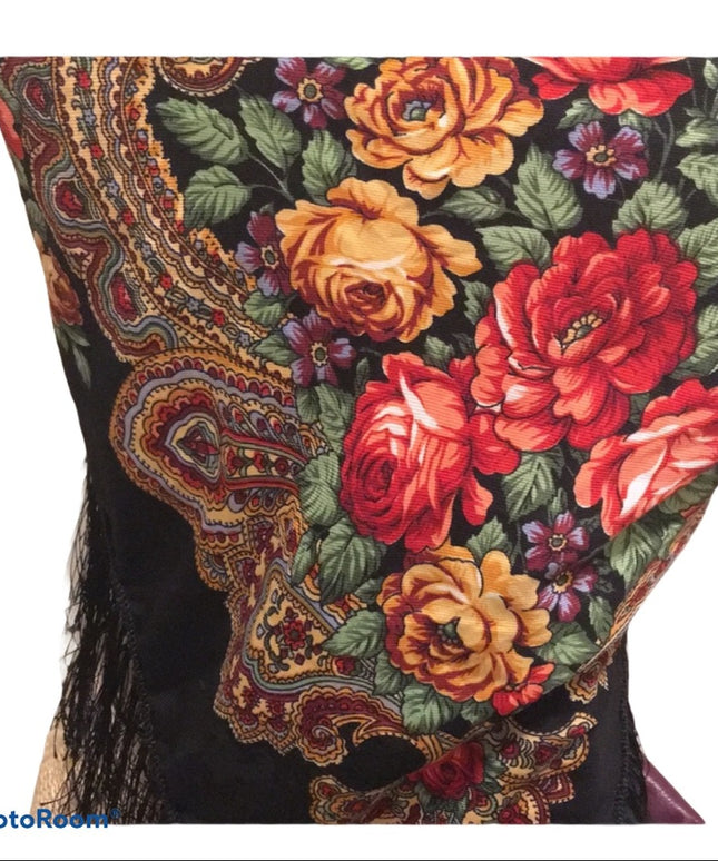Vintage Flower wrap scarf fringe Hippie Boho