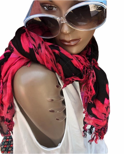Light Airy Linen Type Scarf flowers black red