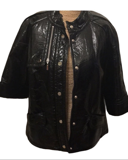 Black patent leather crop sleeve coat lightweight Pwter Nygard