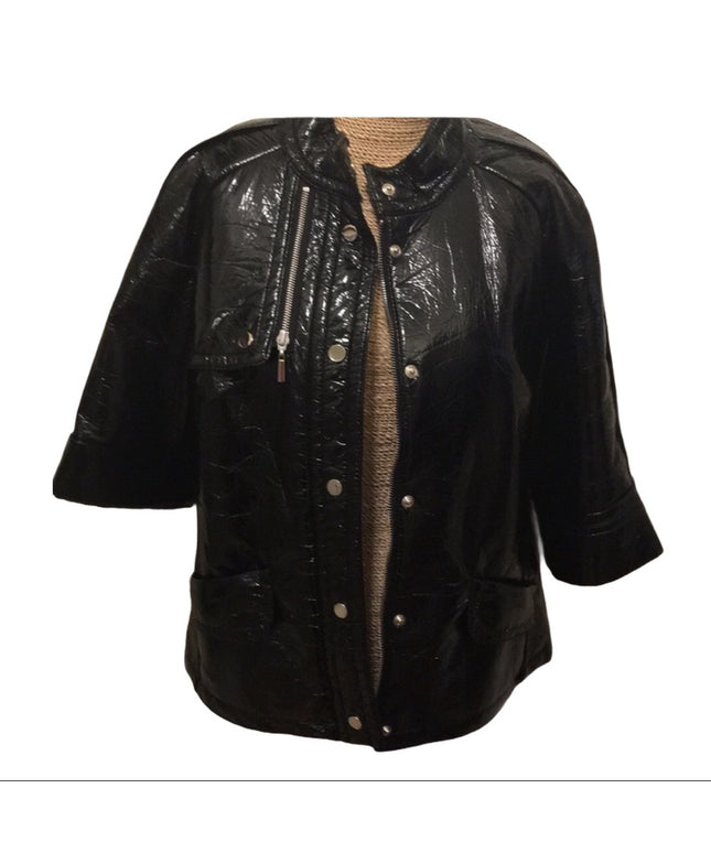 Black patent leather crop sleeve coat lightweight Pwter Nygard