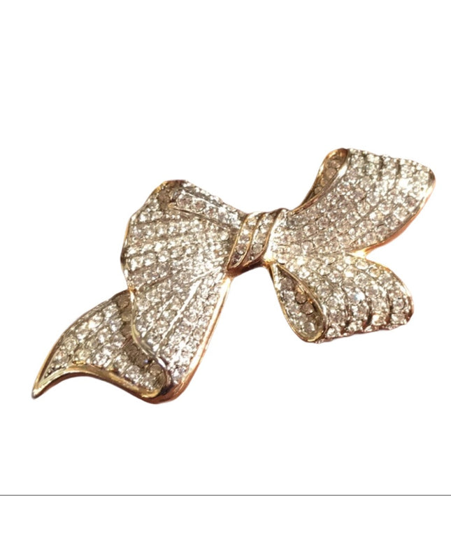 VTG gold tone rhinestone bow brooch