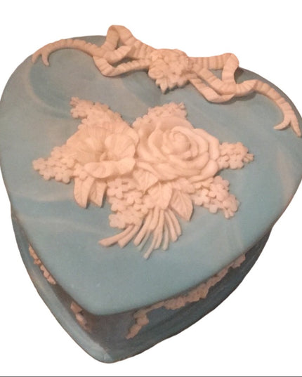Vintage ornate Incolay stone Heart Jewelry box blue flowers floral