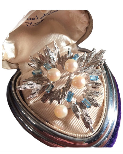 Antique Silver plated faux pearl blue crystal rhinestone starburst brooch