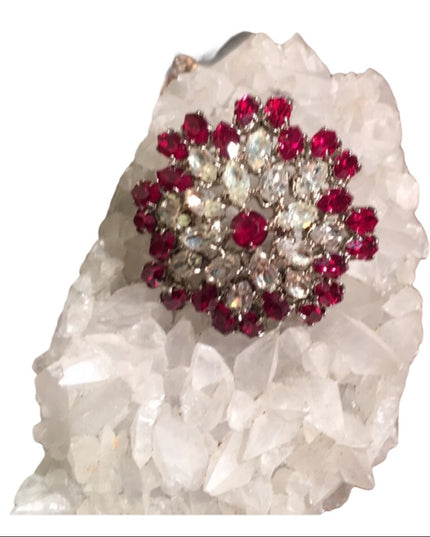 Vintage Red clear crystal fancy 1950 brooch chunky