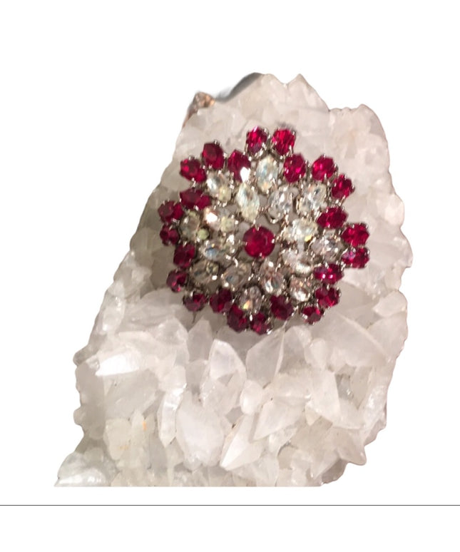 Vintage Red clear crystal fancy 1950 brooch chunky
