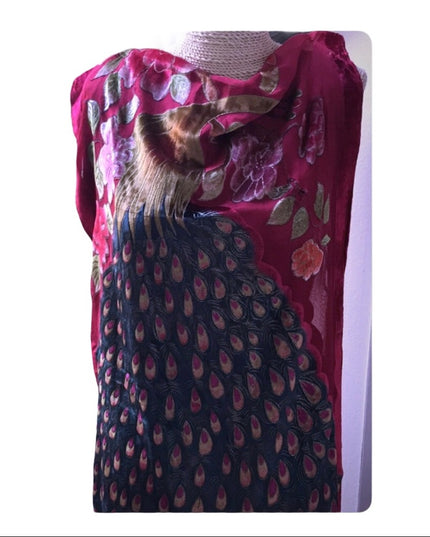 BOHO silk fringe long shawl scarf wrap PEACOCK