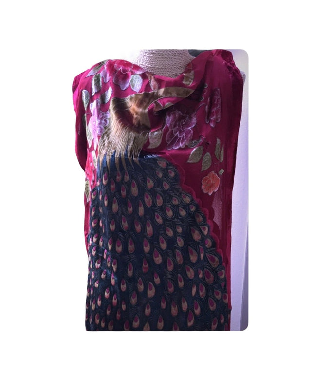 BOHO silk fringe long shawl scarf wrap PEACOCK