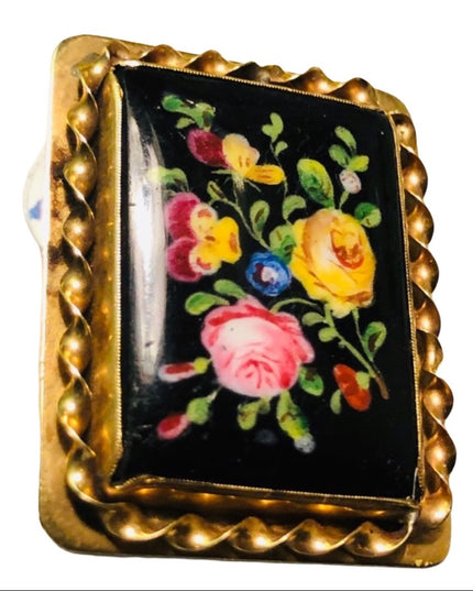 Antique Victorian Handpainted flower cameo ornate Black onyx 10k gold brooch