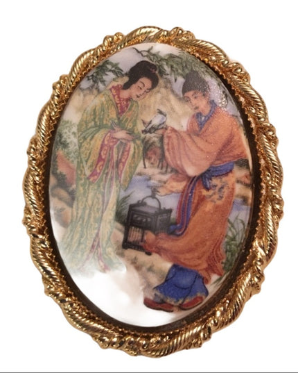Vintage ceramic cameo asian scene pendant brooch