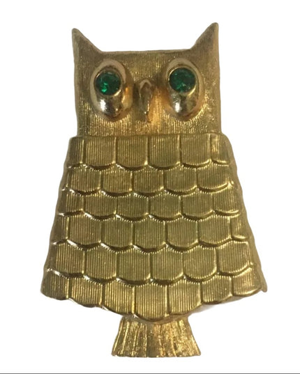 Vintage Owl gold finish perfume poison brooch blue crystal eyes