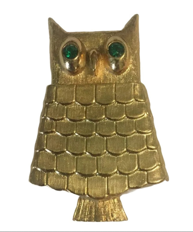 Vintage Owl gold finish perfume poison brooch blue crystal eyes