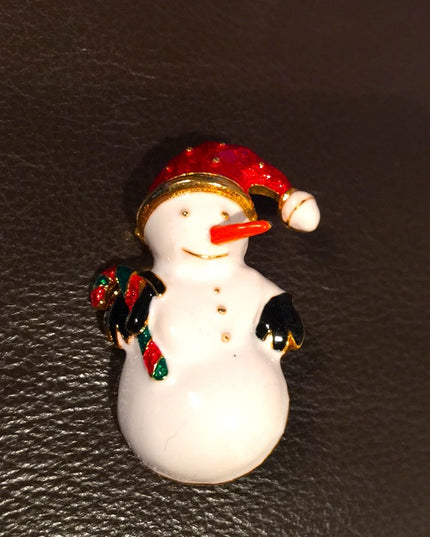 Gold metal enamel snow man christmas brooch frosty
