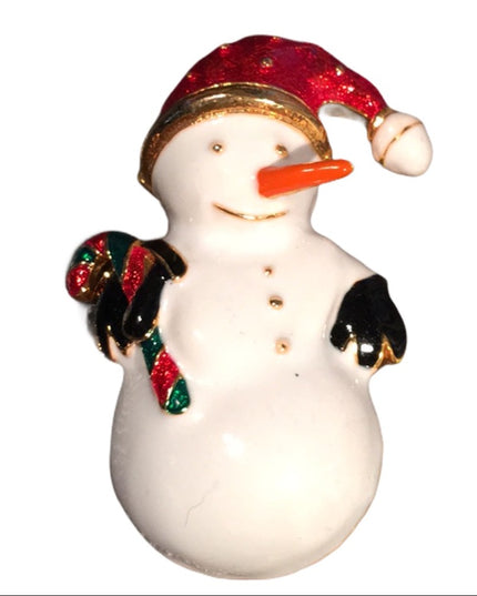 Gold metal enamel snow man christmas brooch frosty