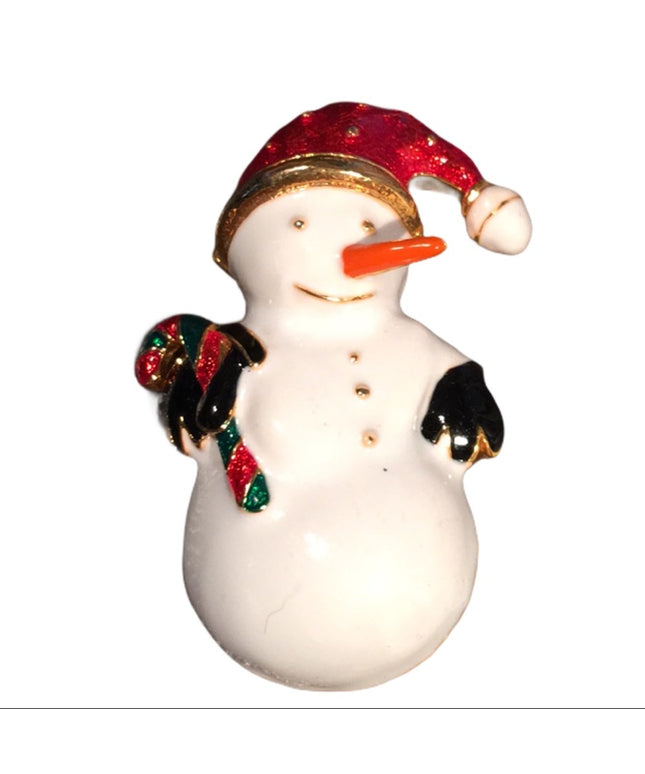 Gold metal enamel snow man christmas brooch frosty
