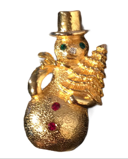 Gold finish fancy winter holiday Rhinestone snowman christmas brooch frosty