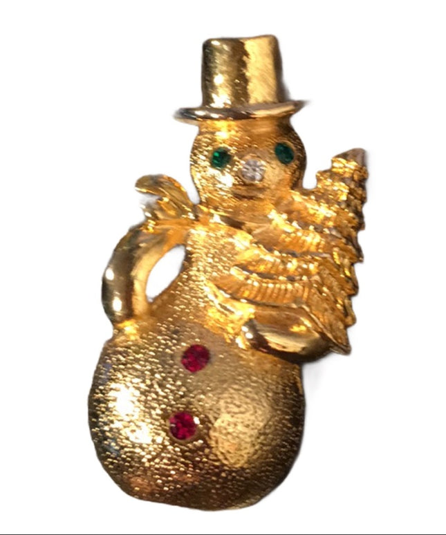 Gold finish fancy winter holiday Rhinestone snowman christmas brooch frosty