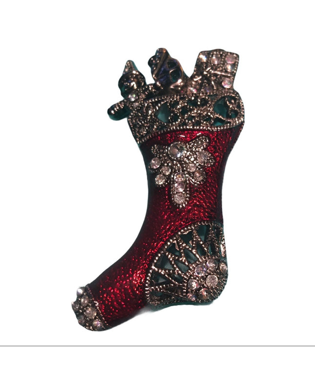 Christmas stocking rhinestone brooch enamel