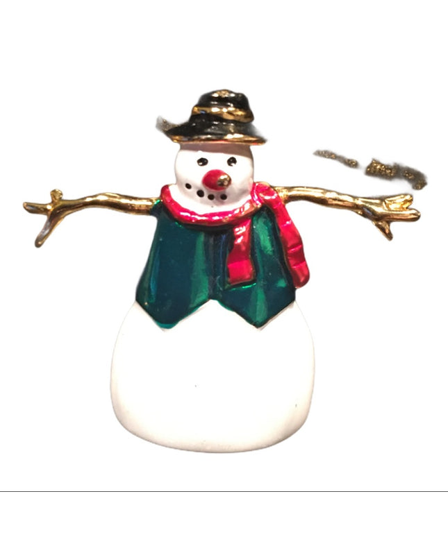 Enamel gold metal Snowman Frosty Christmas brooch