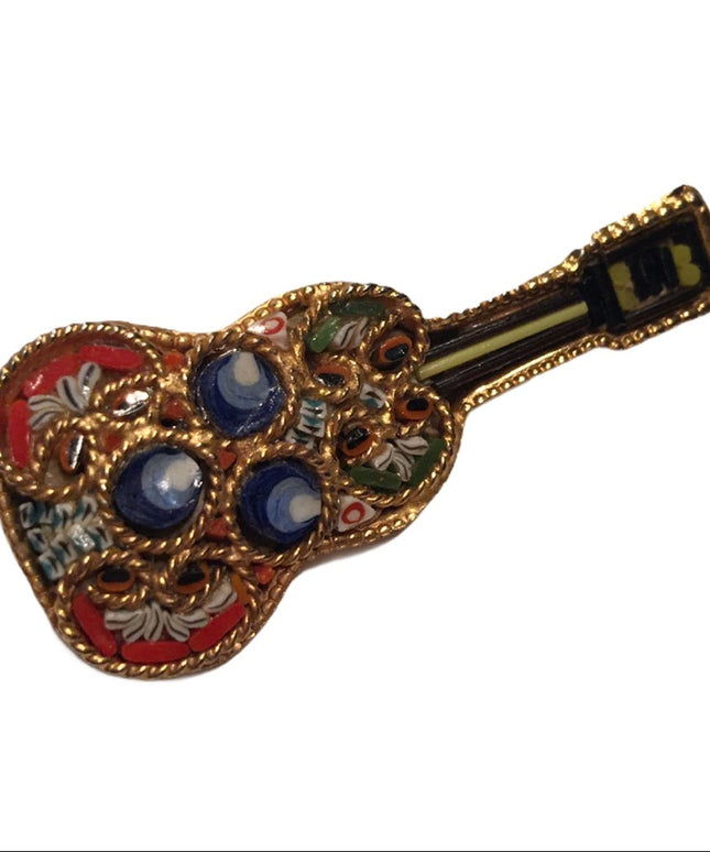 Vintage Italian Mosaic glass guitar brooch gold finish