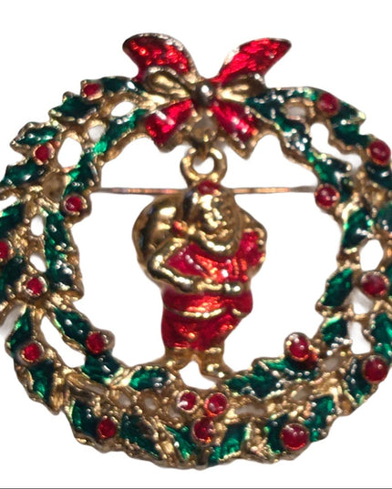 Vintage wreath santa brooch christmas