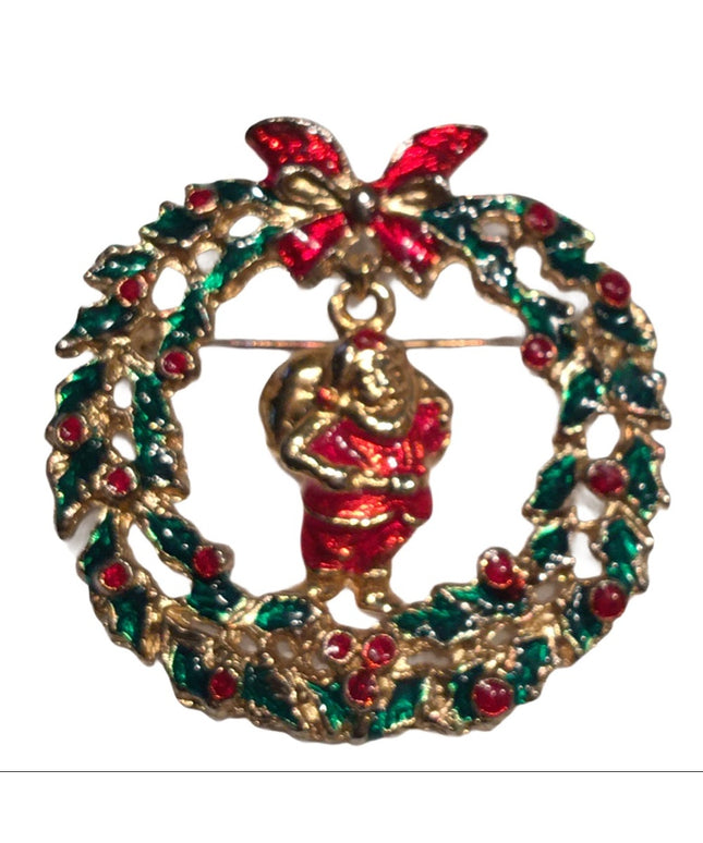 Vintage wreath santa brooch christmas