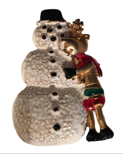 Vintage snowman & reindeer christmas brooch