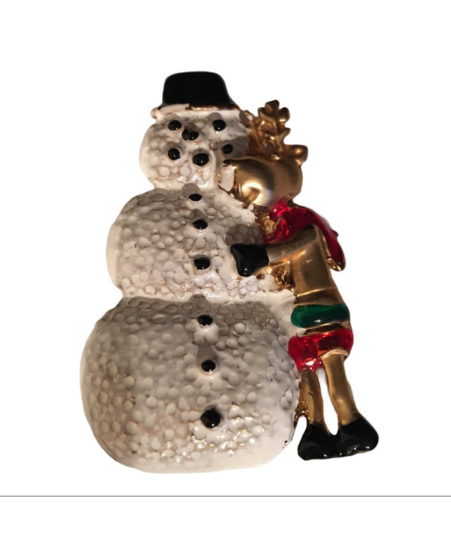 Vintage snowman & reindeer christmas brooch