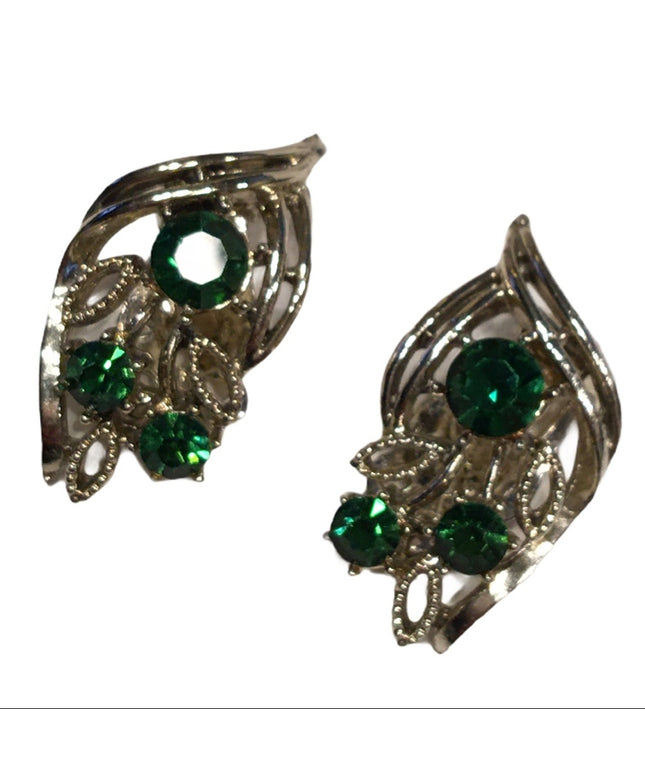 Vintage green crystal clip on earrings