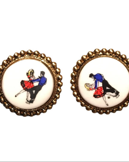 VIntage ceramic 1950s square dancers earrings screw back