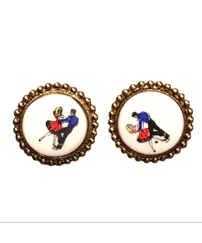 VIntage ceramic 1950s square dancers earrings screw back
