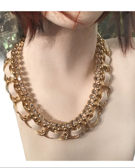 Gold chain with leather & crystals chic necklace