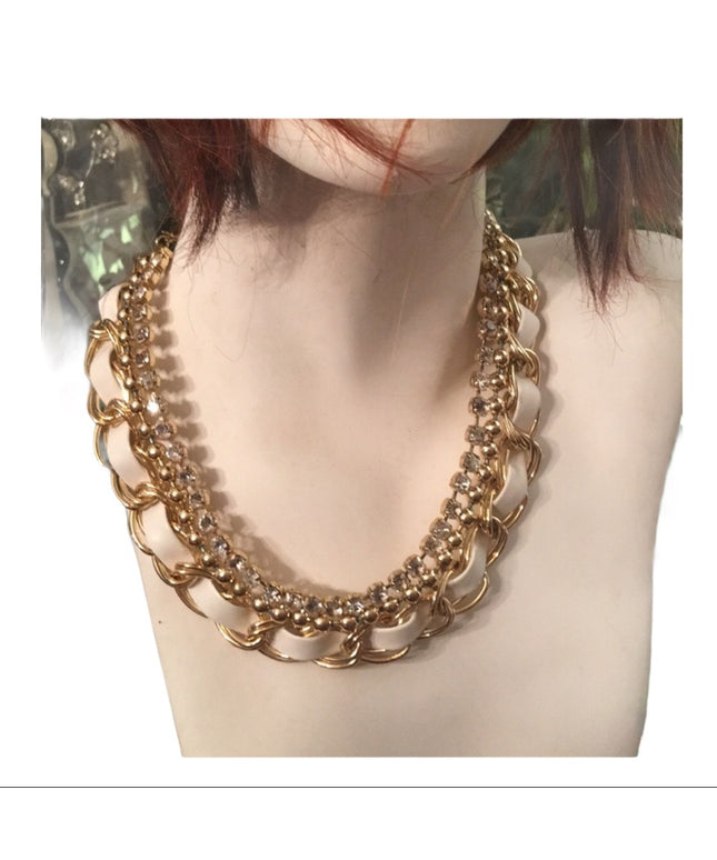 Gold chain with leather & crystals chic necklace