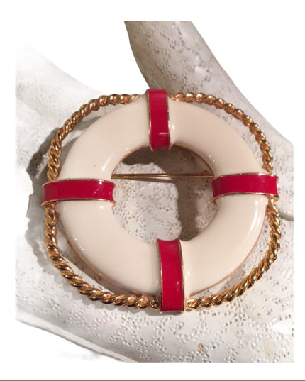 Vintage Buoy life saver enamel brooch gold tone