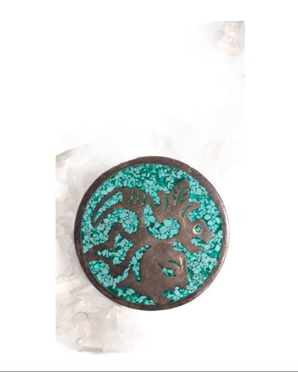 Vintage Silver Fancy mexico brooch mosaic turquois chips aztec