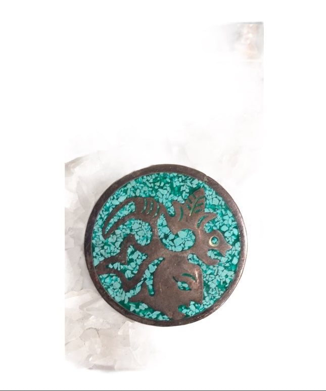 Vintage Silver Fancy mexico brooch mosaic turquois chips aztec