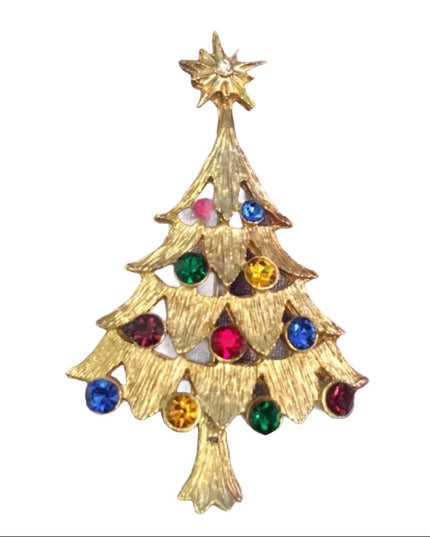 Vintage brushed gold crystal christmas tree brooch