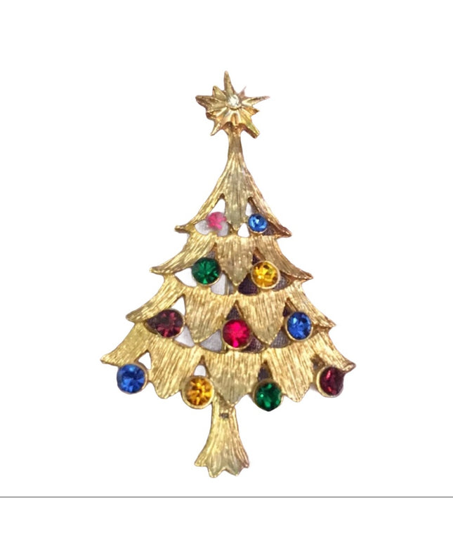 Vintage brushed gold crystal christmas tree brooch