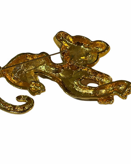 Gold tone large Leopard cat brooch Green eyes
