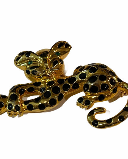Gold tone large Leopard cat brooch Green eyes