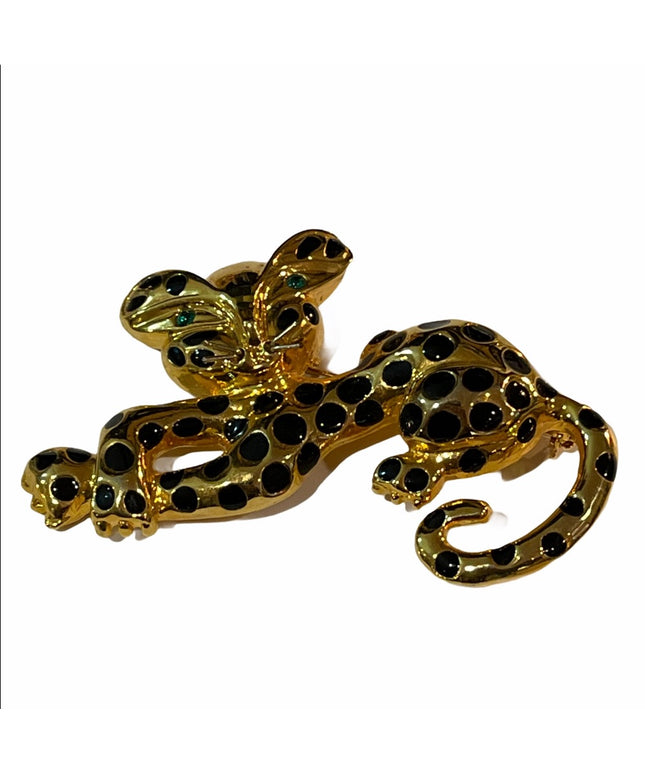 Gold tone large Leopard cat brooch Green eyes