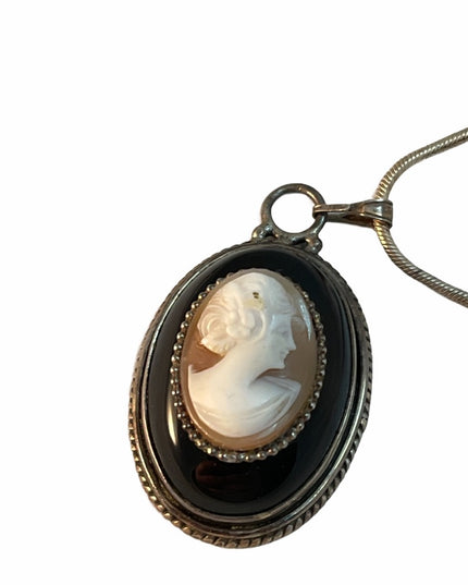 Victorian Black jet Shell Cameo necklace Sterling