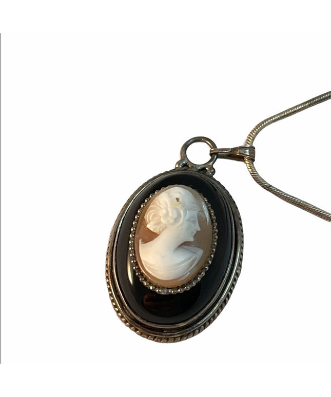Victorian Black jet Shell Cameo necklace Sterling