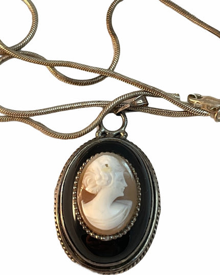Victorian Black jet Shell Cameo necklace Sterling